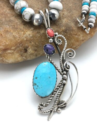 Navajo Kingman Turquoise Pendant Necklace | Authentic Native American Sterling Silver | Multi-Stone | 3043