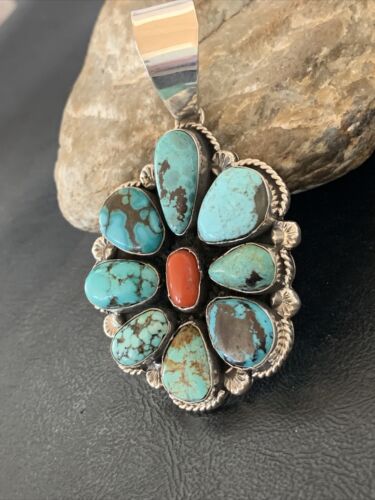 Navajo Cluster Coral Spiderweb Turquoise Pendant | Sterling Silver | Authentic Native American Handmade | 2228