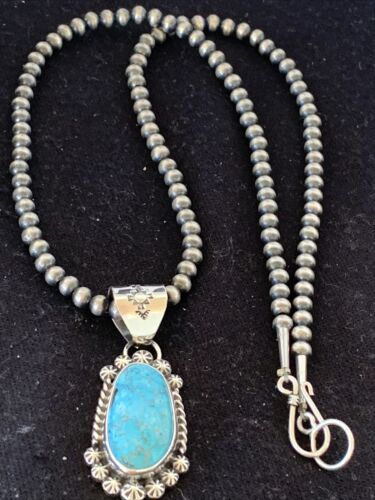 Men's Navajo Pearls Necklace with Blue Kingman Turquoise Pendant | Sterling Silver | Authentic Native American Handmade | 839