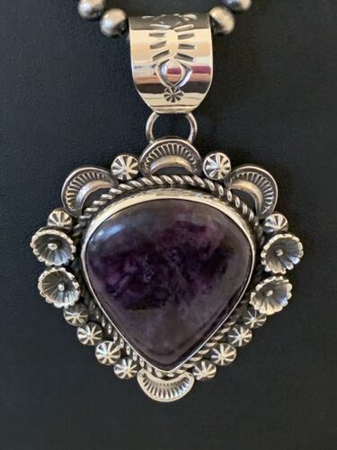 Men's Navajo Pearls Necklace with Purple Sugilite Pendant | Sterling Silver | Authentic Native American Handmade | 00541