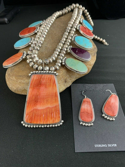 Navajo XL Spiny Oyster Squash Blossom Necklace | Sterling Silver Turquoise | Authentic Native American Handmade | 12702