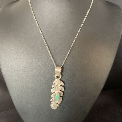 Navajo Green Turquoise Feather Pendant Necklace | Sterling Silver | 16" | Authentic Native American Handmade | 13685