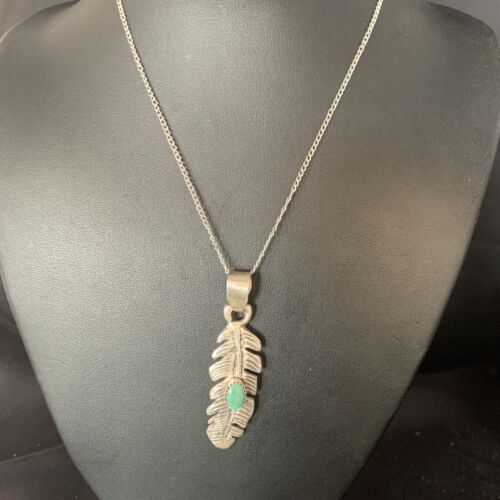 Navajo Green Turquoise Feather Pendant Necklace | Sterling Silver | 16" | Authentic Native American Handmade | 13685