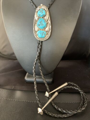 Ultra Rare Navajo Men's Bolo Tie | Blue Kingman Turquoise | Sterling Silver | Authentic Native American Handmade | 13667