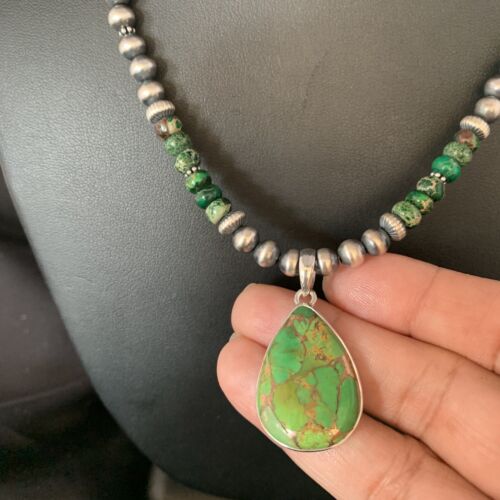 Navajo Pearls Green Mojave Turquoise Pendant Necklace | Sterling Silver | Native American Handmade | 13460