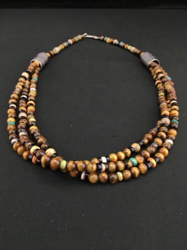 Navajo Sterling Necklace | Tiger's Eye & Turquoise | Multi-Color 3 Strand | 18" | 4892