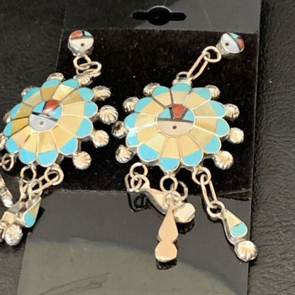 Zuni Sun Face Kingman Turquoise & Yellow Mother of Pearl Dangle Earrings | Sterling Silver | 12126