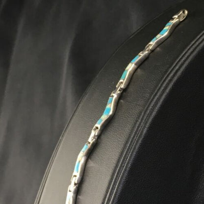 Women's Sterling Silver Turquoise Coral Inlay Link Bracelet | 6.75" | Authentic Native American Handmade | 2027