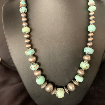 Dry Creek Turquoise Navajo Pearls Beaded Necklace | Sterling Silver | 21" | Authentic Native American Handmade | 14102 - Masha USA