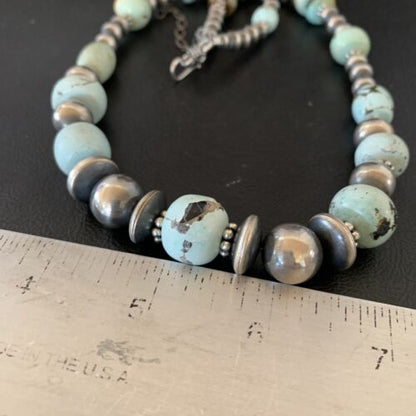 Navajo Pearl Dry Creek Turquoise Beads Necklace | Sterling Silver | 21" | Authentic Native American Handmade | 10978