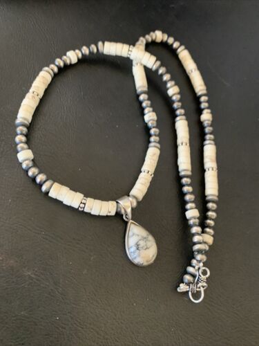 Navajo White Buffalo Turquoise Pendant Set | Sterling Silver | Authentic Native American Handmade | 12243