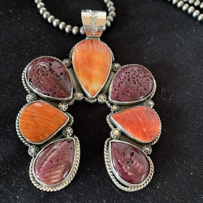 Navajo Sterling Silver Necklace with Purple Red Spiny Oyster Naja Pendant | 967