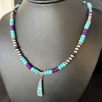 Navajo Blue Turquoise Sugilite Necklace Pendant | Sterling Silver Inlay | Authentic Native American Handmade | 14643
