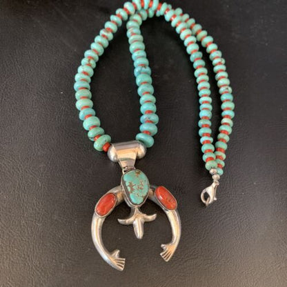 Navajo Sterling Silver Necklace | Blue Turquoise & Coral Naja Pendant | Authentic Native American Handmade | 13747