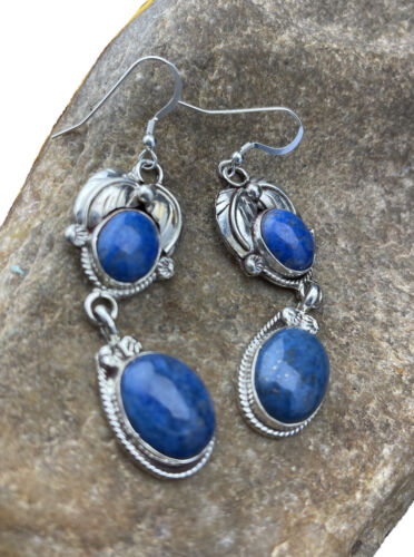 Native American Navajo Denim Lapis Dangle Earrings | Sterling Silver | 2" | 01792 - Masha USA