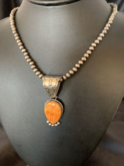 Navajo Orange Spiny Oyster Pendant Necklace | Sterling Silver | Authentic Native American Handmade | 13075