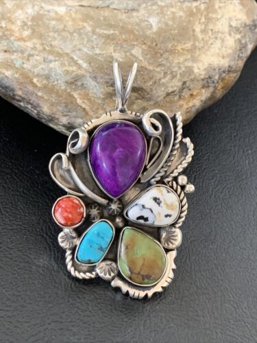 Navajo Sugilite, White Buffalo Turquoise, Spiny Oyster Multi-Stone Pendant | Authentic Native American Sterling Silver | Multi-Stone | 1224