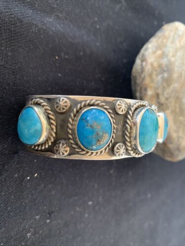 Navajo Sterling Silver Blue Kingman Turquoise Cuff Bracelet | 5 Stones | Authentic Native American Handmade | 863
