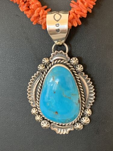 Navajo Sterling Silver Coral Bead Necklace with Turquoise Pendant | Multi-Strand | Authentic Native American Handmade | 767