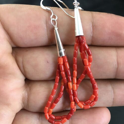 Handmade Liquid Silver Heishi Dangle Earrings | Apple Sponge Coral Tube | Sterling Silver | 2" | 1095 - Masha USA