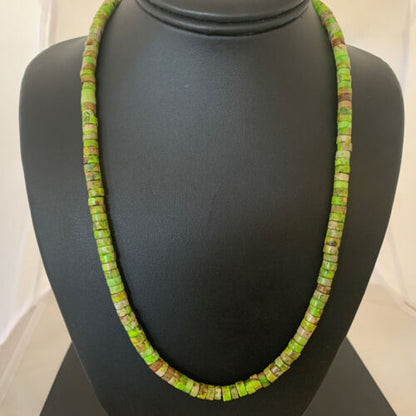 Navajo Green Gaspeite Heishi Necklace | 7mm | Sterling Silver | Authentic Native American Handmade | 20" | 01762