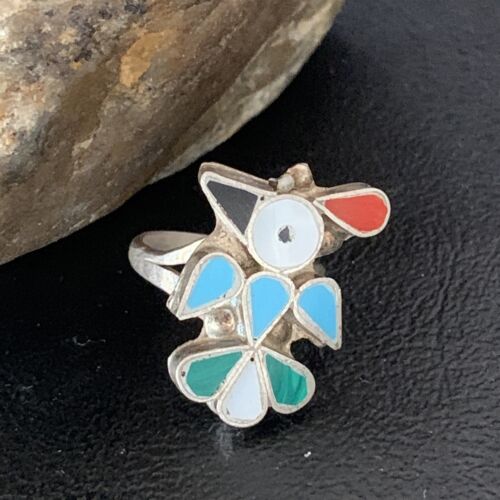 Zuni Peyote Bird Ring | Sterling Silver Coral Turquoise Onyx Mother of Pearl Inlay | Sz 5 | 10213