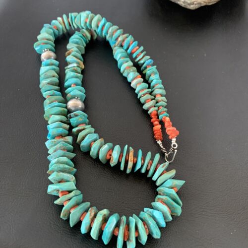 Authentic Navajo Green Turquoise & Spiny Oyster Necklace | Sterling Silver Pendant | 30" | 01852