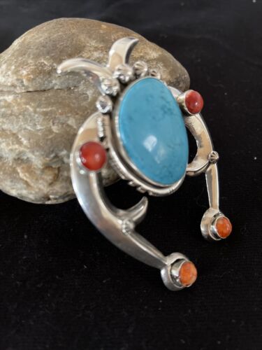 Navajo Turquoise & Coral Naja Tufa Cast Pendant | Authentic Native American Handmade | Sterling Silver | 01061