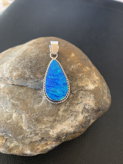 Navajo Blue Faux Opal Pendant | Sterling Silver | Authentic Native American Handmade | 1.50" | 01391