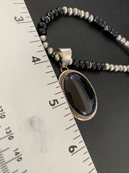 Native American Men's Navajo Pearl Necklace Pendant | Sterling Silver Black Onyx | 11742