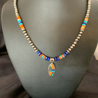 Navajo Native American Multi-Color Turquoise Spiny Inlay Pendant Necklace | Sterling Silver | 10660