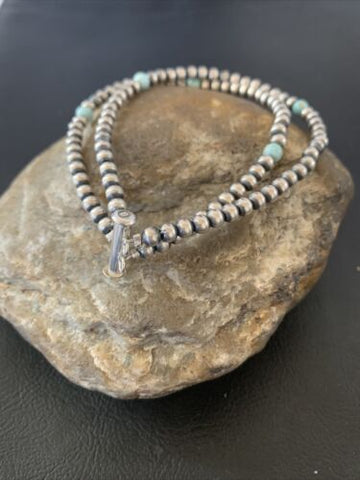 Southwestern Navajo Pearls Sterling Silver Blue Turquoise Bracelet 2 Str