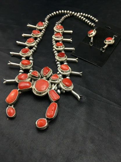 Navajo Coral Naja Pendant | Sterling Silver Squash Blossom Necklace & Earrings Set | 4176 - Masha USA
