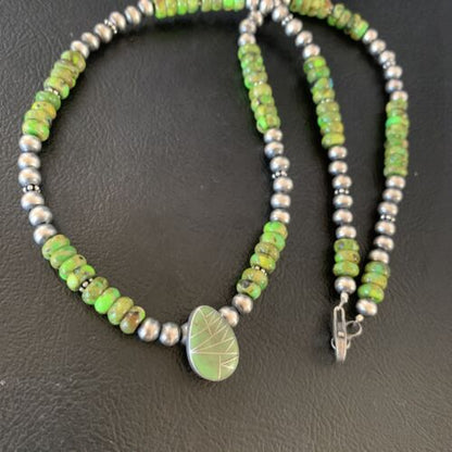 Navajo Green Gaspeite Turquoise Pendant | Sterling Silver | Authentic Native American Handmade | 13274 - Masha USA