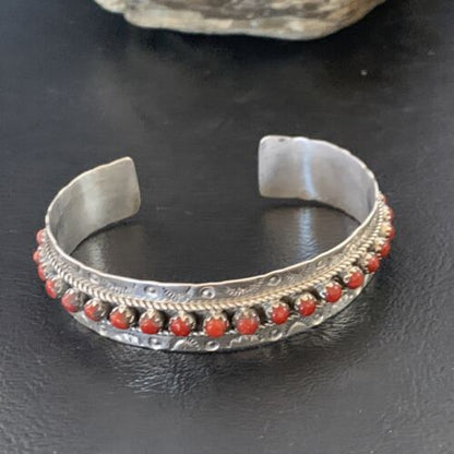 Zuni Red Coral Cuff Bracelet | Sterling Silver | Authentic Native American Handmade | 14179