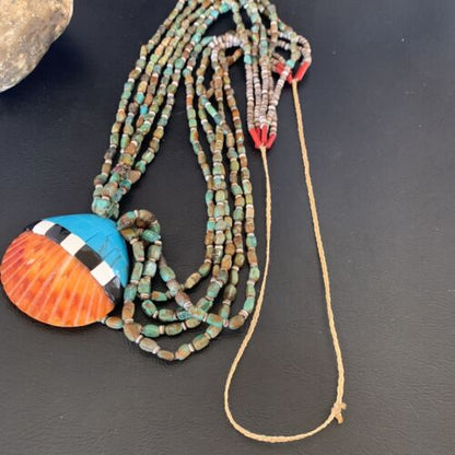 Native American Santo Domingo Shell Green Turquoise Necklace | 5 Strand | 38" | 12055 - Masha USA