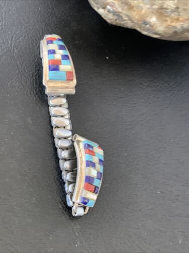 Navajo Sterling Silver Watch Tips with Turquoise, Coral & Mother of Pearl Inlay Band | Authentic Native American Jewelry | 12138