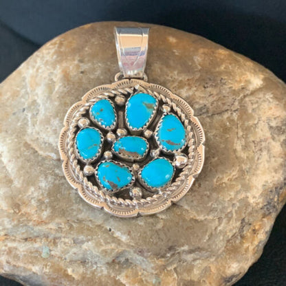 Navajo Blue Turquoise and Multi-Stone Round Cluster Pendant | Authentic Native American Sterling Silver | 2" | 02096