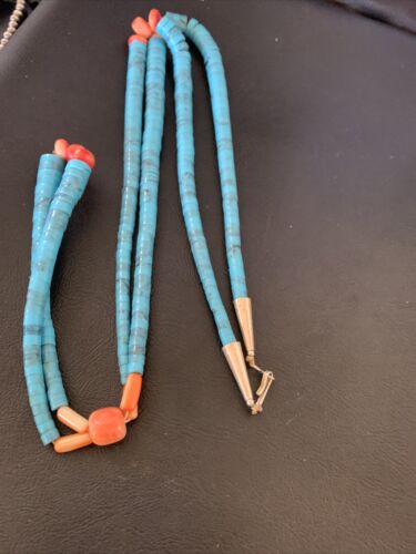 Southwestern Santo Domingo Pink Coral Blue Turquoise Jacla Necklace | 30" | Authentic Native American Handmade | 12517