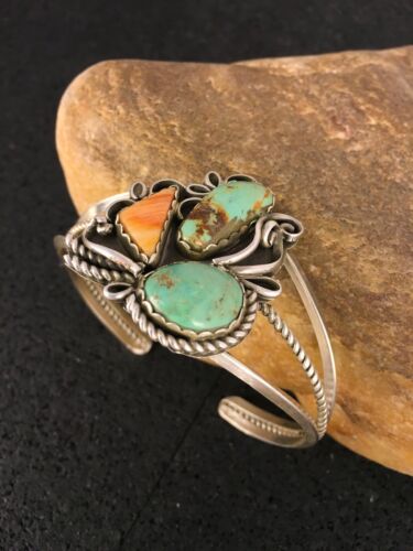 Southwestern Spiny Oyster & Turquoise Bracelet | Navajo Sterling Silver | Authentic Native American Handmade | 8842