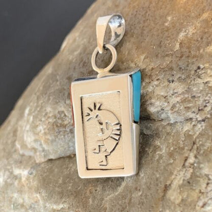 Navajo Kokopelli Coral Turquoise Inlay Pendant | Sterling Silver | Authentic Native American Handmade | 10880