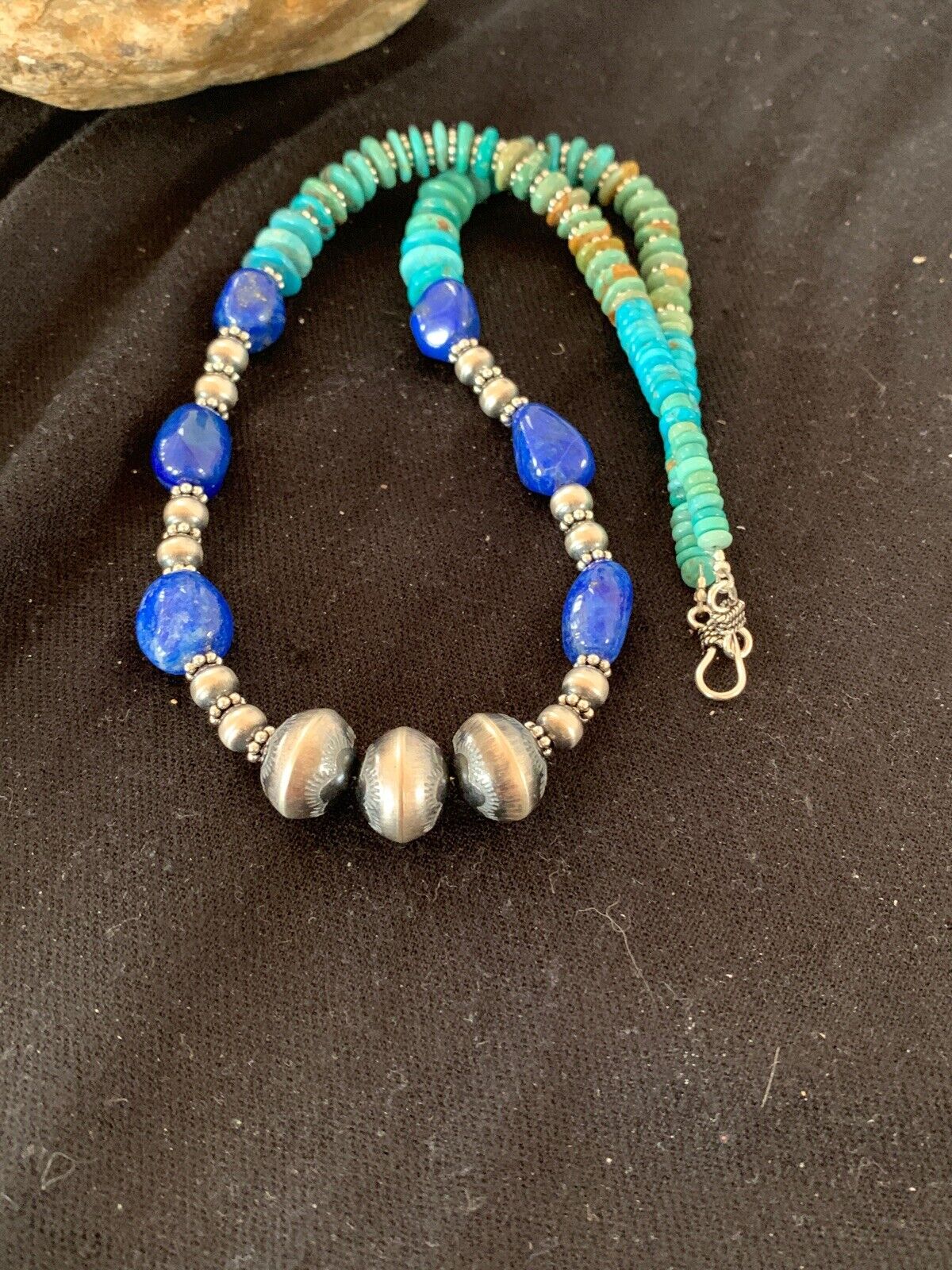 Navajo Lapis & Turquoise Beads Necklace | Sterling Silver | Authentic Native American Handmade | 20" | 4696