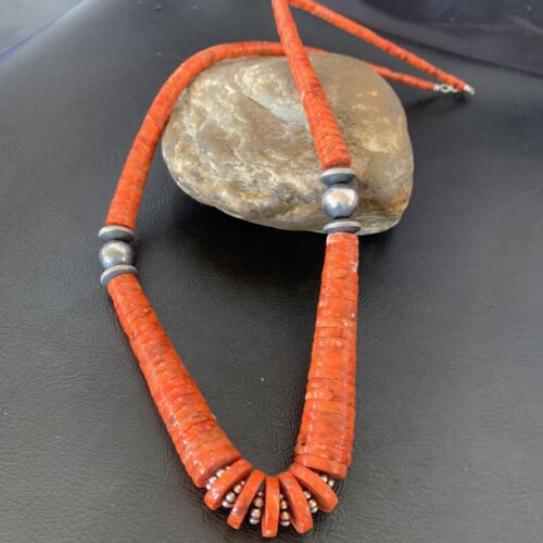 Navajo Apple Sponge Coral Bead Graduated Necklace | Sterling Silver | Authentic Native American | 25" | 11752