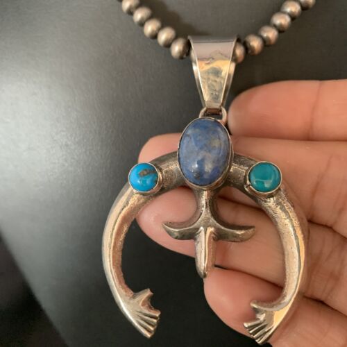 Navajo Sterling Silver Pendant Necklace | Denim Lapis & Turquoise | Authentic Native American Handmade | 13632