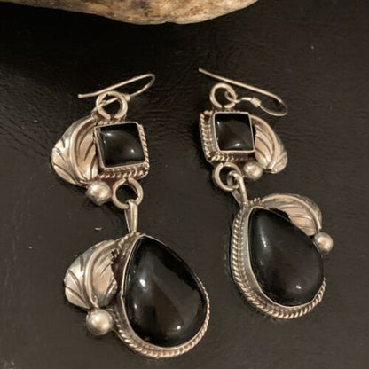 Southwestern Navajo Black Onyx Dangle Earrings | Sterling Silver | 1.5" | 1531