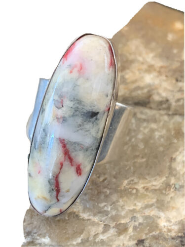 Navajo Men's White Black Cinnabrite Ring | Sterling Silver | Sz 7.5 | Authentic Native American Handmade | 1554