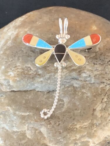 Zuni Turquoise & Yellow Mother of Pearl Inlay Dragonfly Sterling Necklace Pin Pendant | 12320