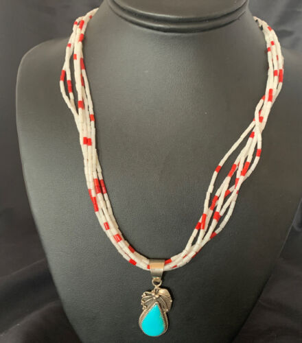 Navajo Red White Coral Turquoise Pendant | Sterling Silver Necklace 18" | Multi-Strand | 12056