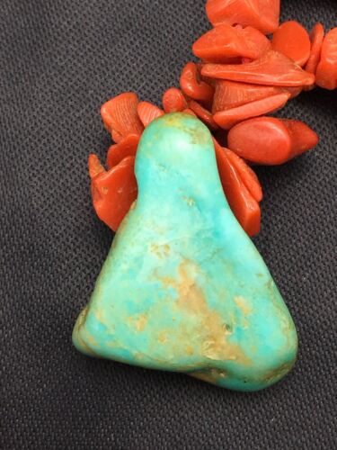 Native American Turquoise and Coral Pendant Necklace | Brass Old Pawn | 19" | 4007