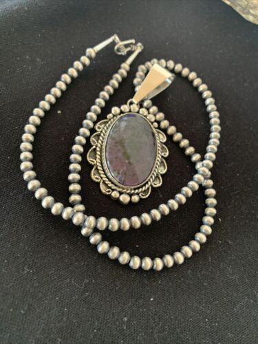Men's Navajo Pearls Necklace | Sterling Silver Purple Sugilite Pendant | Authentic Native American | 1535